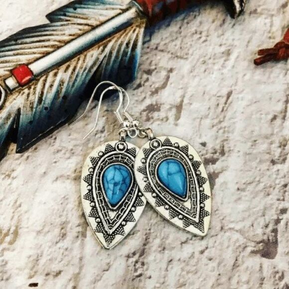 Silver Turquoise Western Boho Water Drop Dangle Earrings - Picture 2 of 6